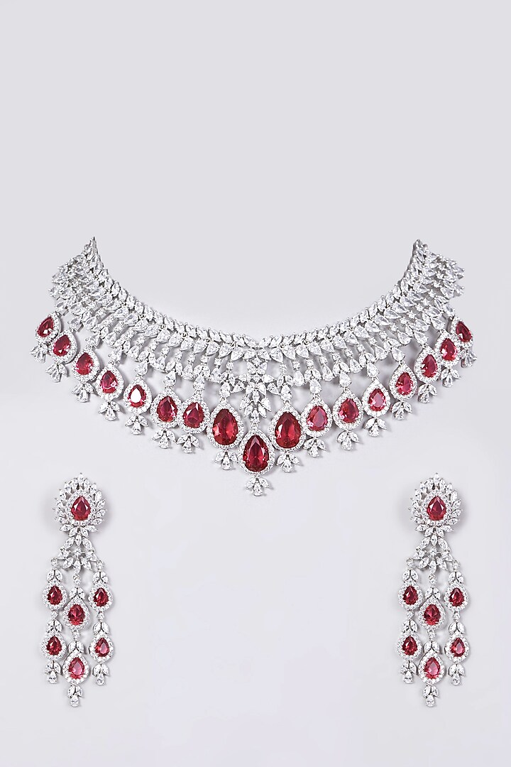 White Finish Necklace Set With Red Stones by Aster at Pernia's Pop Up Shop