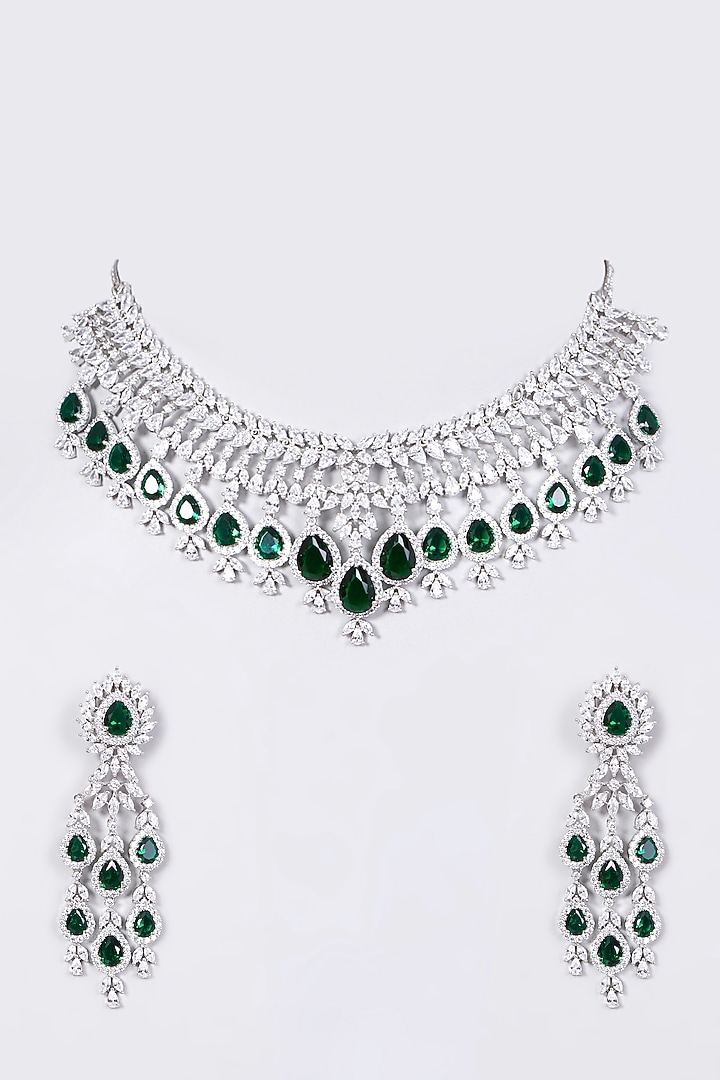 White Finish Necklace Set With Diamonds by Aster at Pernia's Pop Up Shop