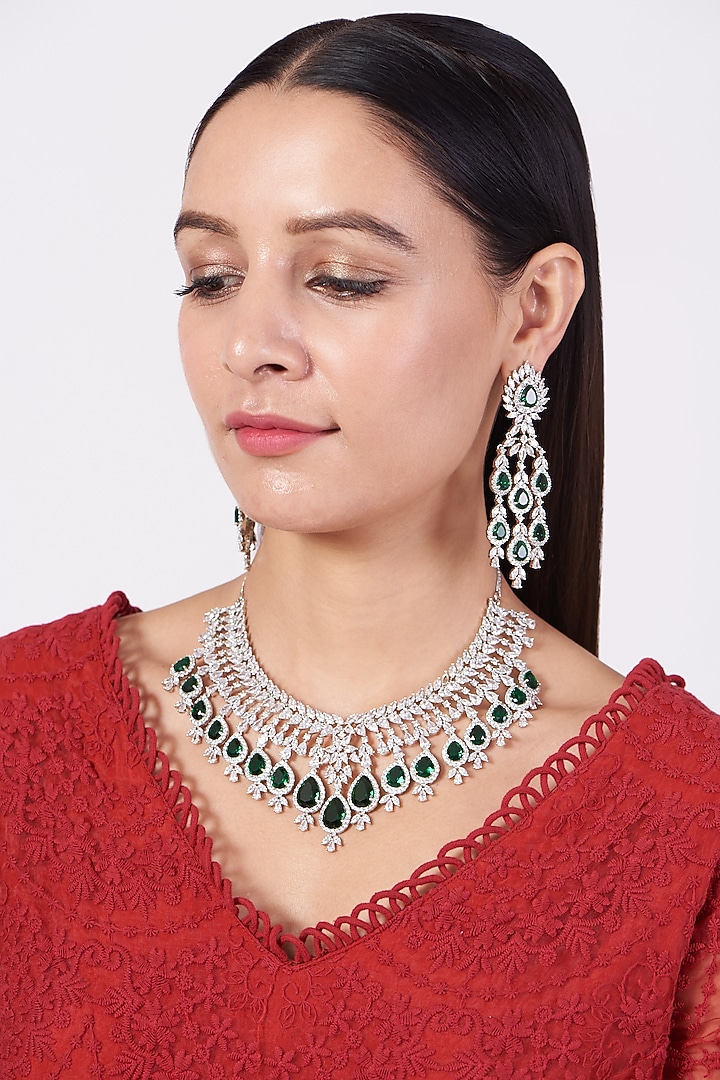 White Finish Necklace Set With Diamonds by Aster at Pernia's Pop Up Shop