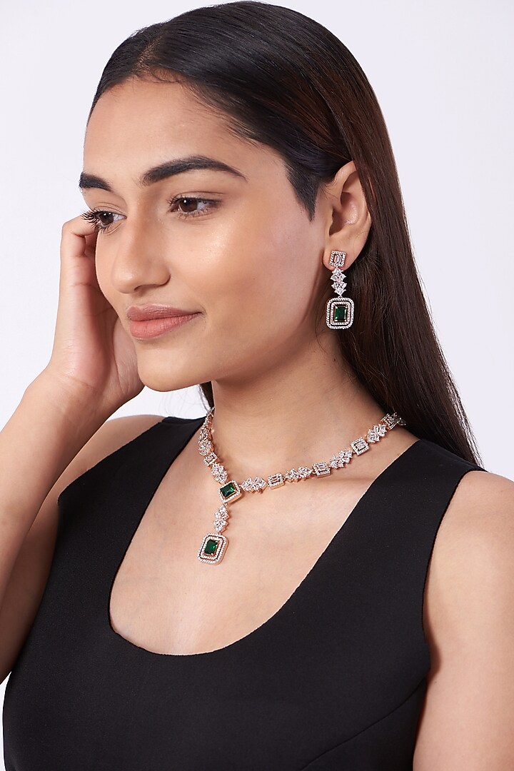 Rose Gold Finish Faux Diamond Long Necklace Set by Aster at Pernia's Pop Up Shop