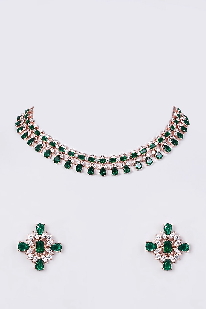 Rose Gold Finish Green Stone Necklace Set by Aster at Pernia's Pop Up Shop