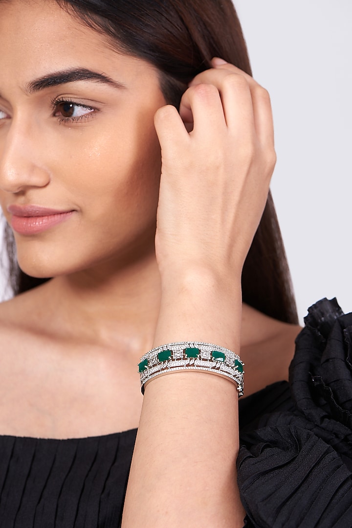 White Finish Green Synthetic Stone Bangle by Aster