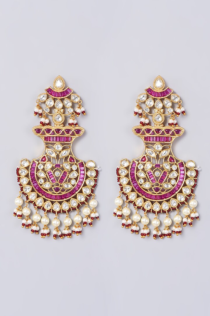 Gold Finish Pearl & Kundan Polki Earrings by VASTRAA Jewellery at Pernia's Pop Up Shop