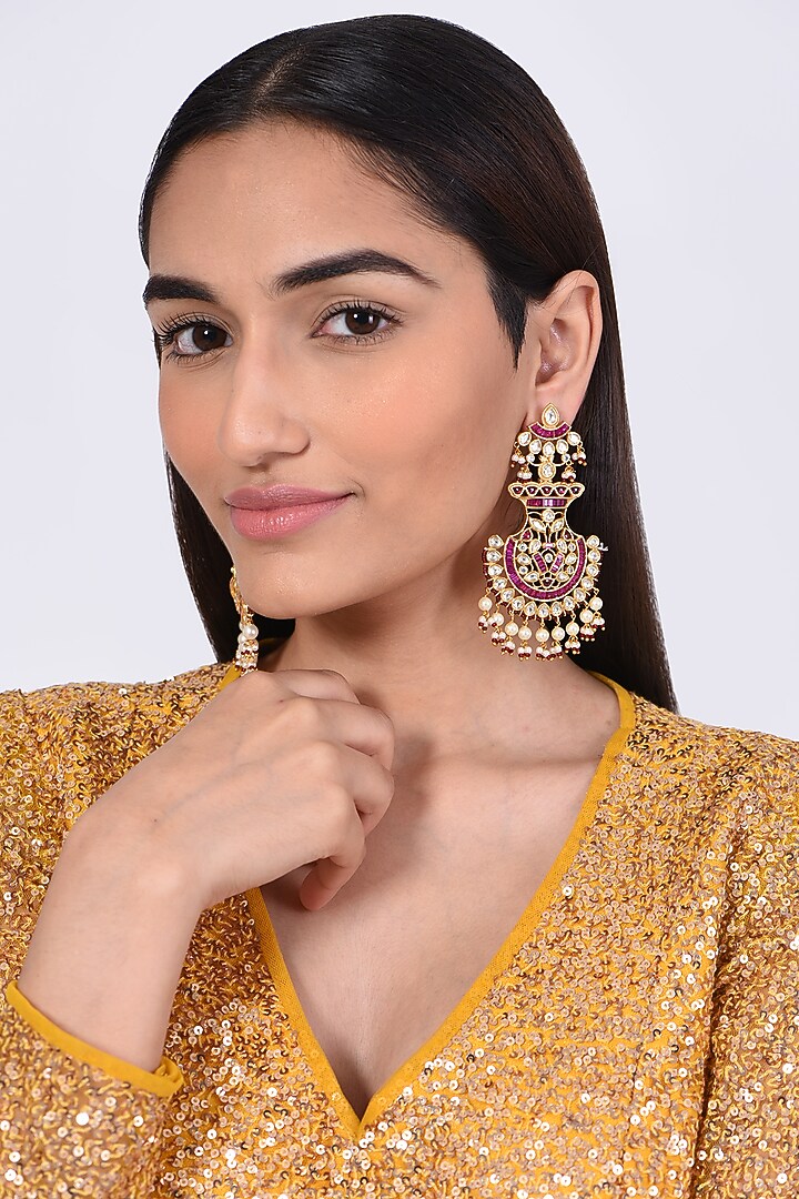 Gold Finish Pearl & Kundan Polki Earrings by VASTRAA Jewellery at Pernia's Pop Up Shop