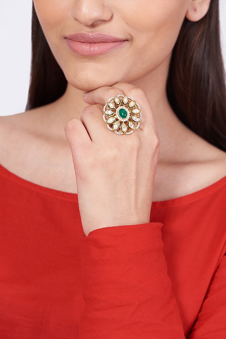 Gold Finish Kundan Polki Ring by VASTRAA Jewellery