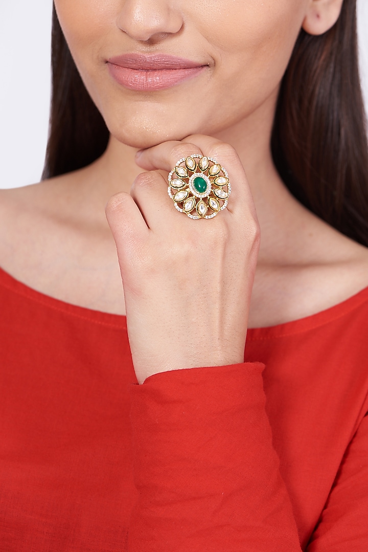 Gold Finish Kundan Polki Ring by VASTRAA Jewellery at Pernia's Pop Up Shop
