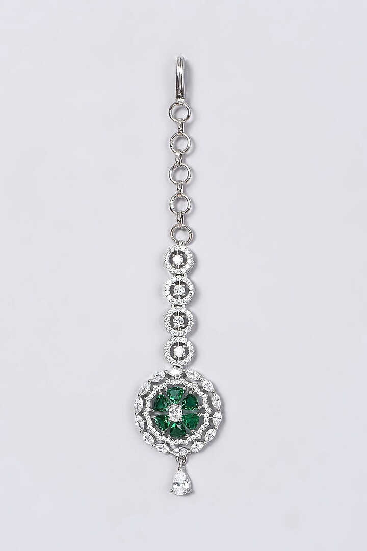 White Finish Green Synthetic Stone Maang Tikka by Aster at Pernia's Pop Up Shop