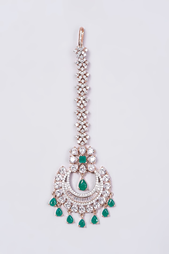 Rose Gold Finish Green Synthetic Stone Maang Tikka by Aster at Pernia's Pop Up Shop
