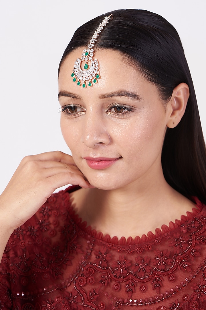 Rose Gold Finish Green Synthetic Stone Maang Tikka by Aster at Pernia's Pop Up Shop
