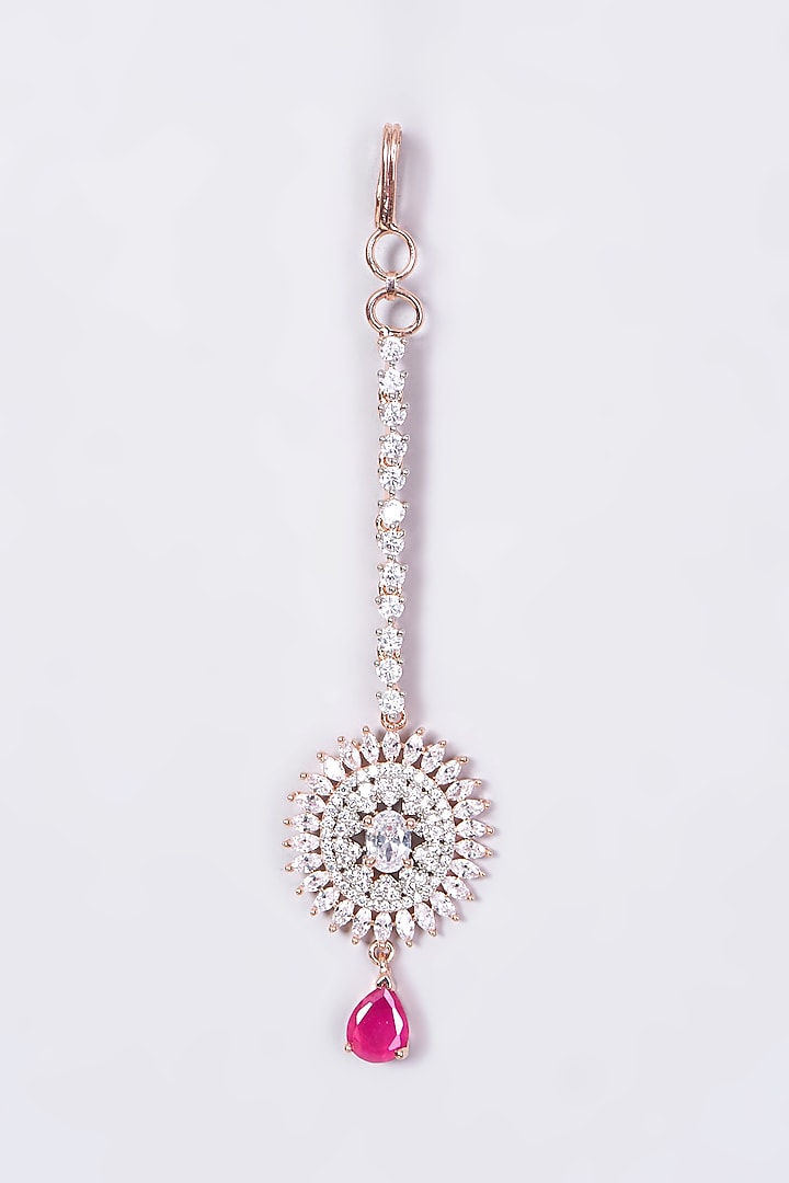 Rose Gold Finish Maang Tikka With Pink Stone Drop by Aster at Pernia's Pop Up Shop