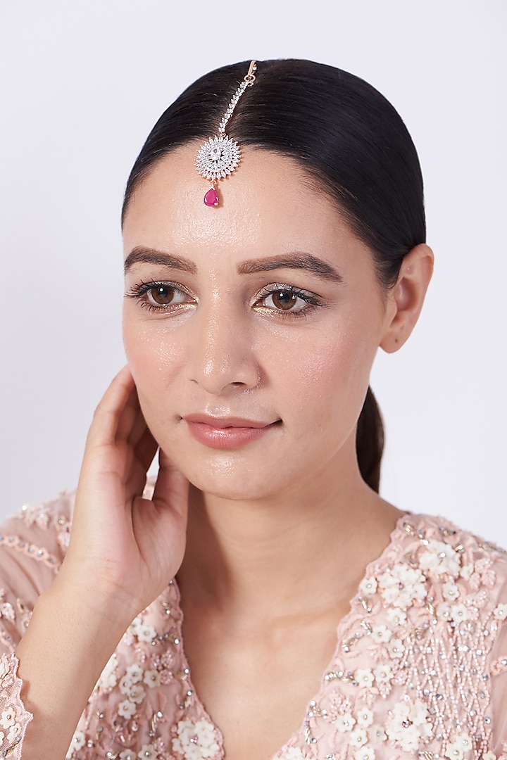 Rose Gold Finish Maang Tikka With Pink Stone Drop by Aster