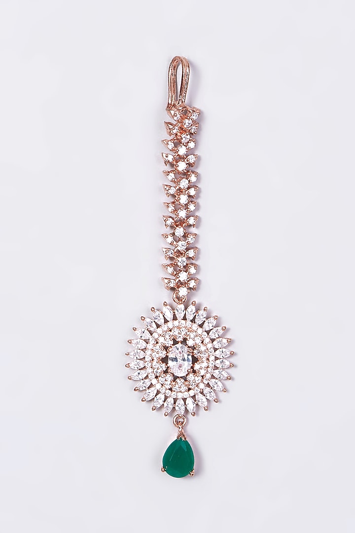 Rose Gold Finish Maang Tikka With Green Stone Drop by Aster at Pernia's Pop Up Shop