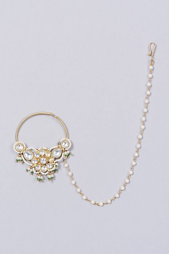 Gold Finish Kundan Polki & Pearl Nath by VASTRAA Jewellery