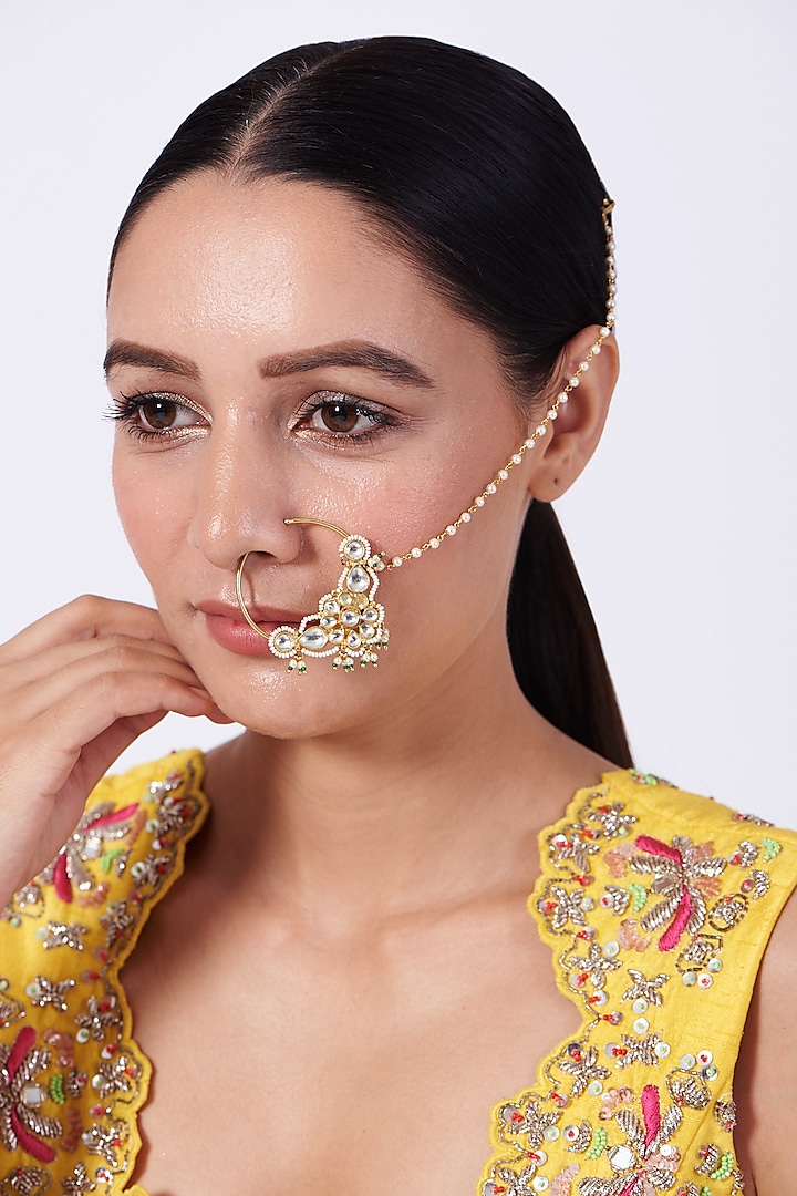 Gold Finish Kundan Polki & Pearl Nath by VASTRAA Jewellery