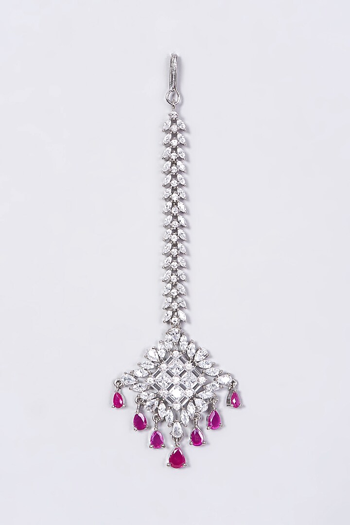 White Finish Maang Tikka With Pink Synthetic Stones by Aster at Pernia's Pop Up Shop