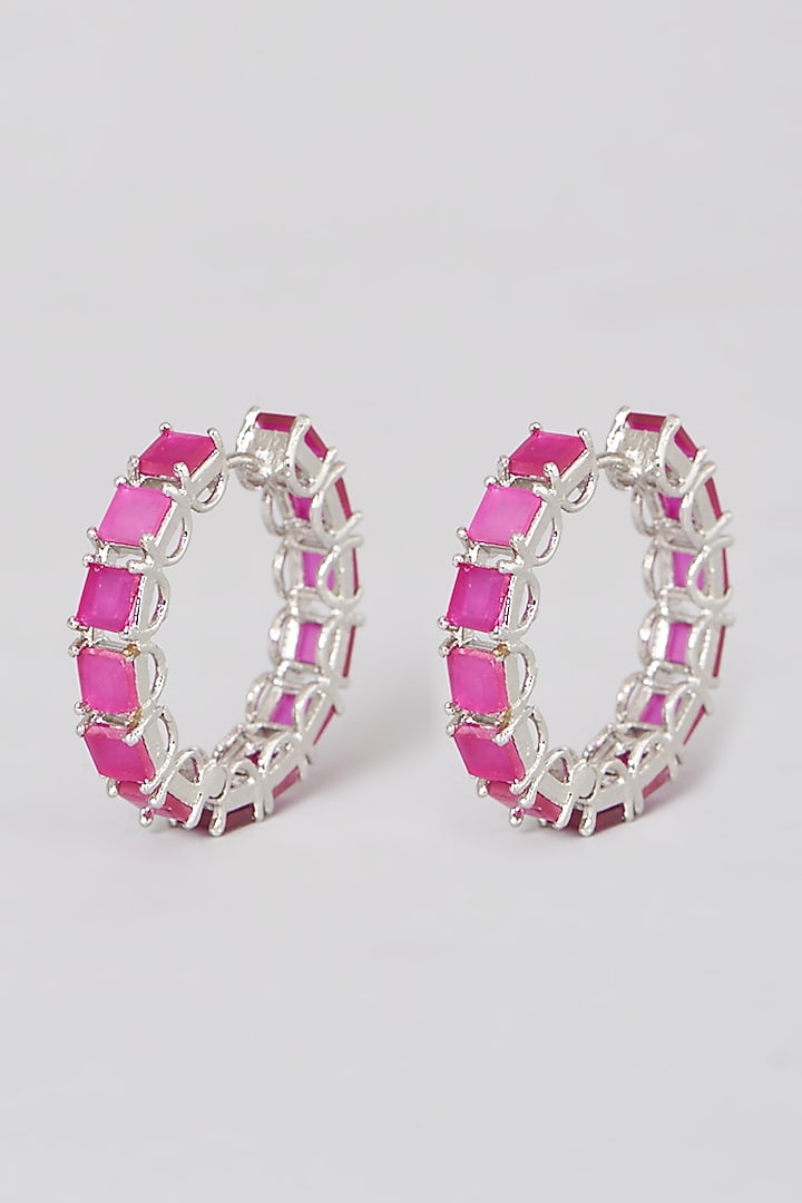 Black Rhodium Finish Earrings With Pink Synthetic Stones by Aster at Pernia's Pop Up Shop