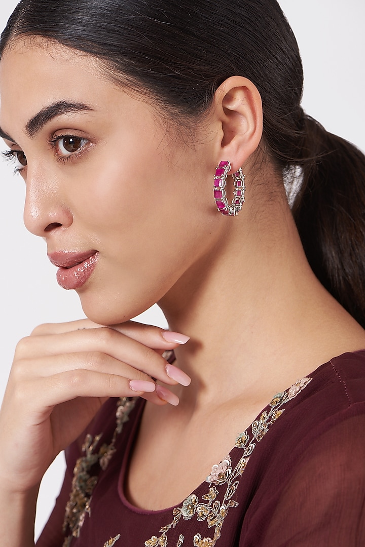Black Rhodium Finish Earrings With Pink Synthetic Stones by Aster at Pernia's Pop Up Shop