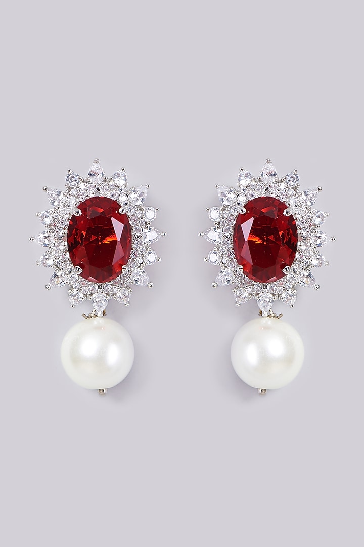 White Finish Red Stone Earrings by Aster at Pernia's Pop Up Shop