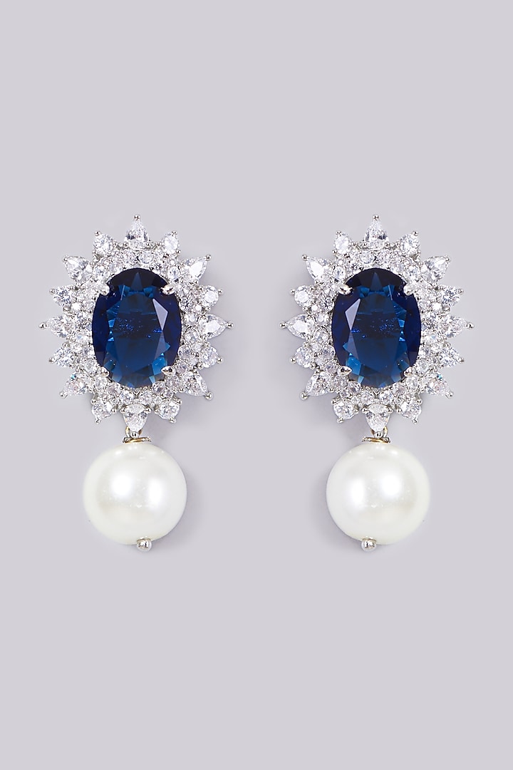White Finish Blue Stone Earrings by Aster at Pernia's Pop Up Shop