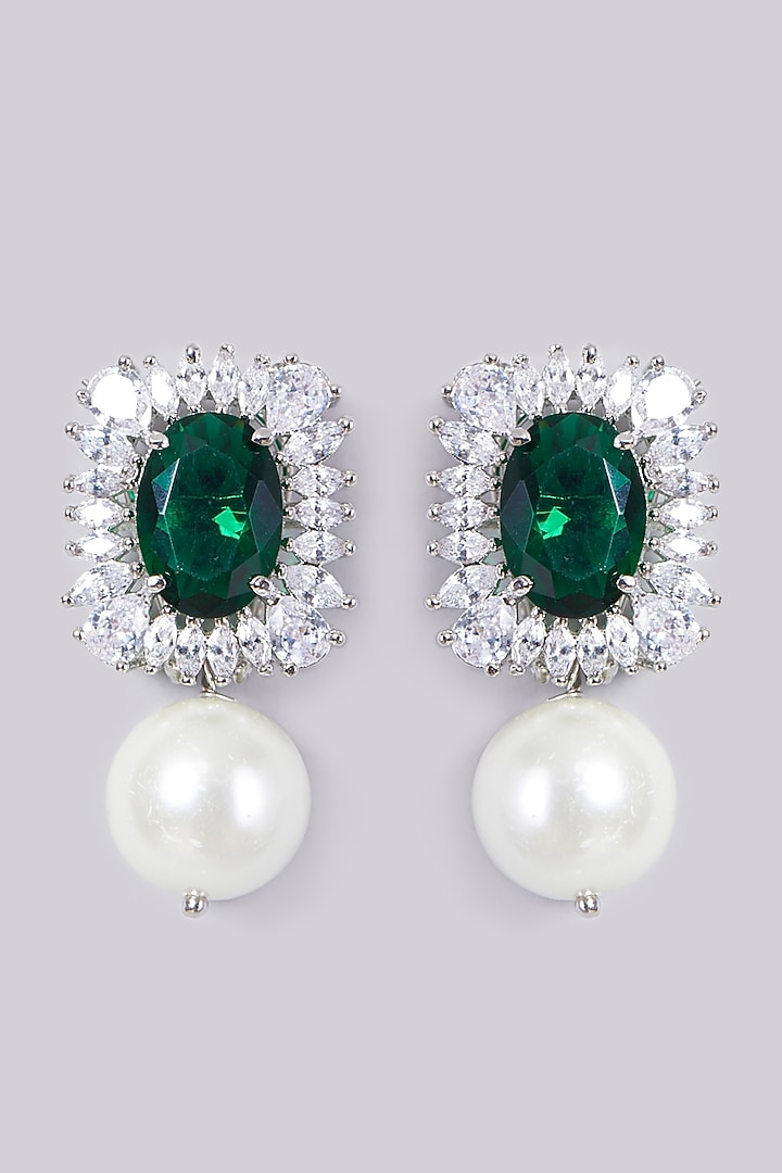 White Finish Green Stone Earrings by Aster at Pernia's Pop Up Shop