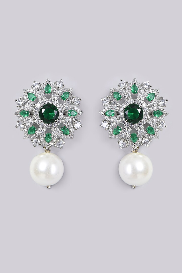 White Finish Zircon & Green Stone Earrings by Aster at Pernia's Pop Up Shop