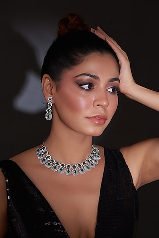 White Finish Zircon & Green Stone Necklace Set by Aster
