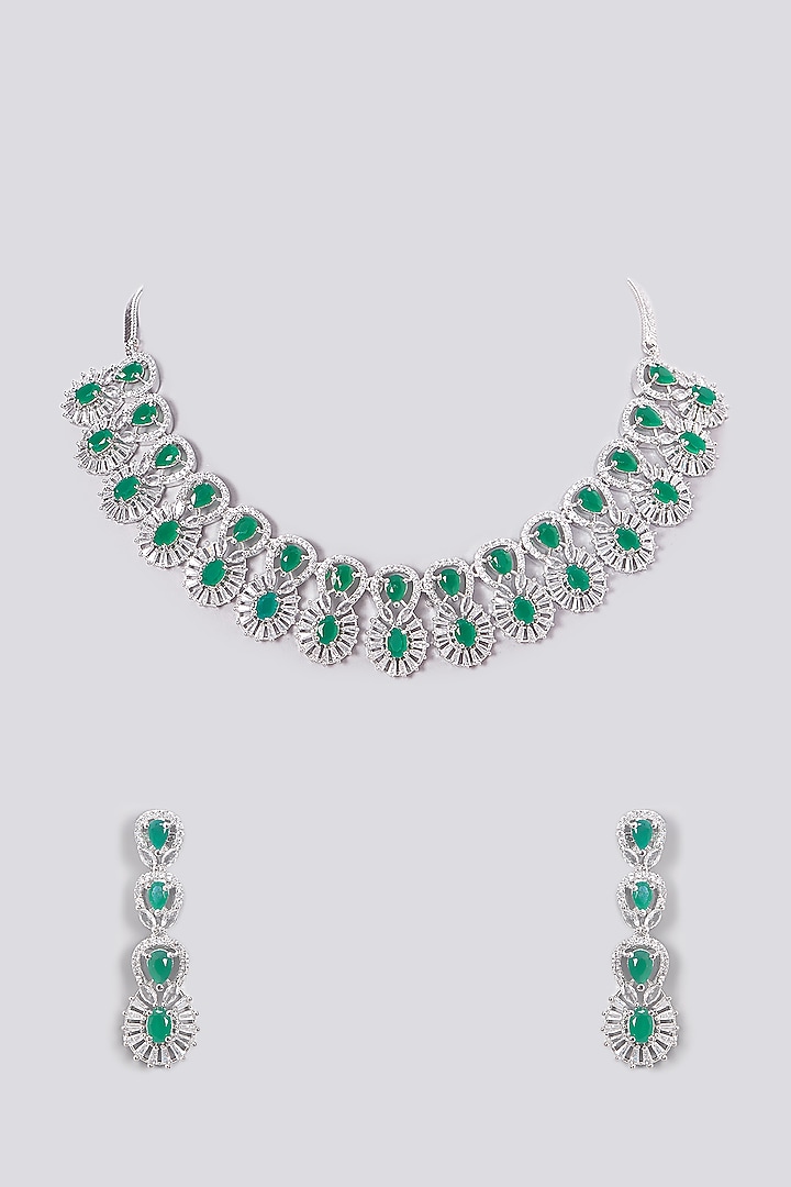 White Finish Zircon & Green Stone Necklace Set by Aster at Pernia's Pop Up Shop