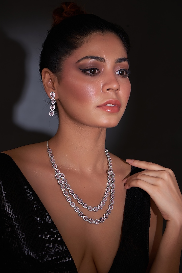 White Finish Zircon & Pink Stone Layered Necklace Set by Aster at Pernia's Pop Up Shop