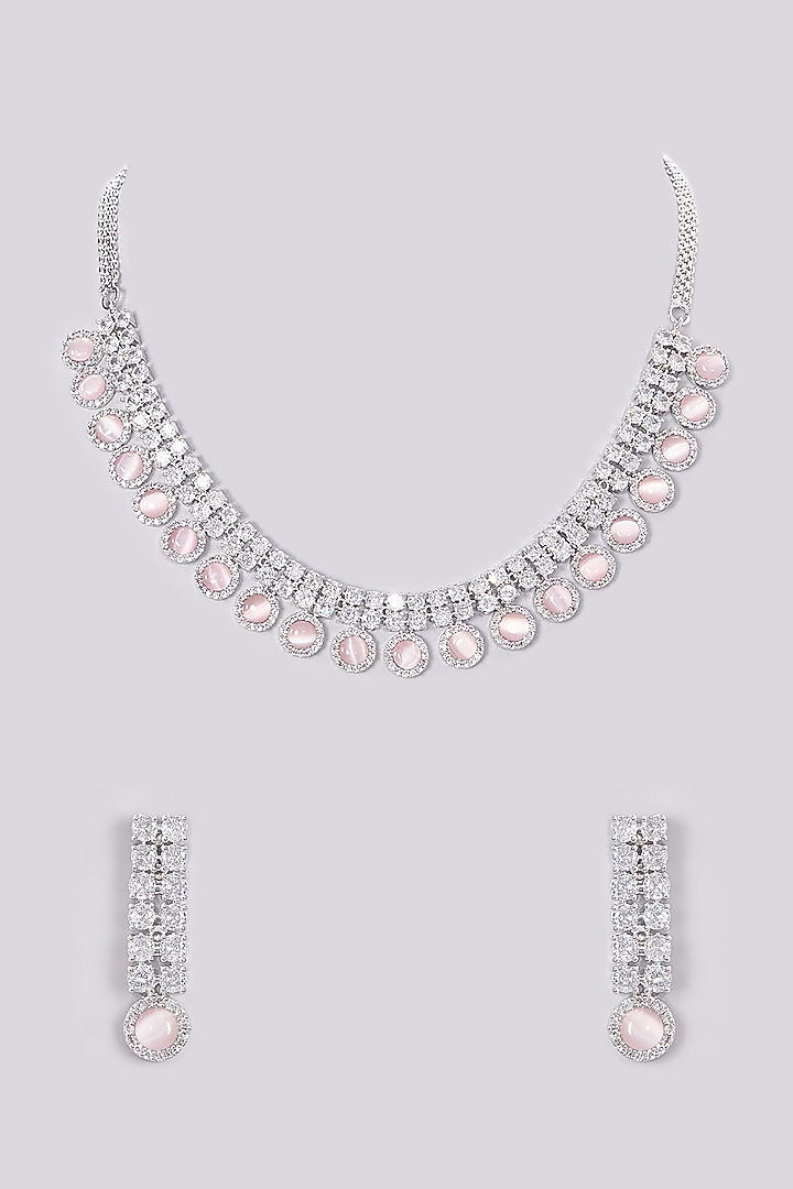 White Finish Zircon & Pink Stone Necklace Set by Aster at Pernia's Pop Up Shop