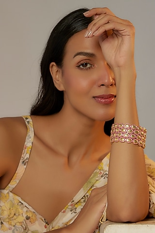 Gold Finish Zircon & Red Stone Bangles (Set of 4) by Aster