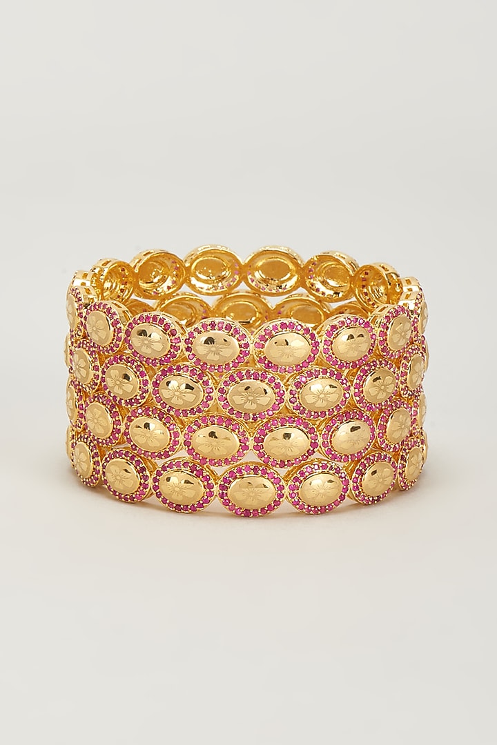 Gold Finish Zircon & Red Stone Bangles (Set of 4) by Aster at Pernia's Pop Up Shop