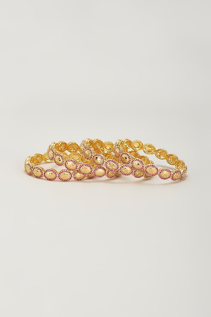 Gold Finish Zircon & Red Stone Bangles (Set of 4) by Aster at Pernia's Pop Up Shop