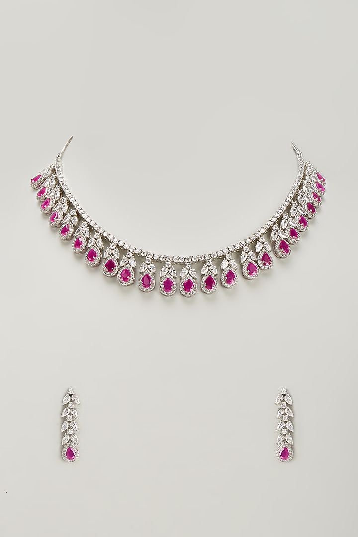 White Finish Zircon & Red Stone Necklace Set by Aster at Pernia's Pop Up Shop