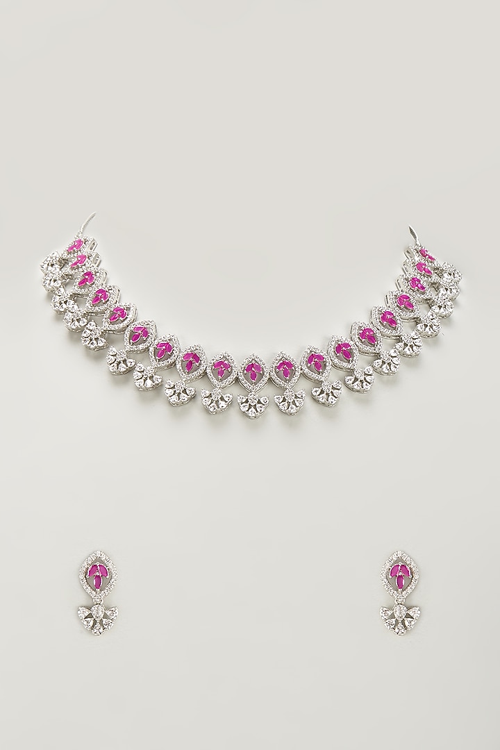 White Finish Zircon & Red Stone Necklace Set by Aster at Pernia's Pop Up Shop