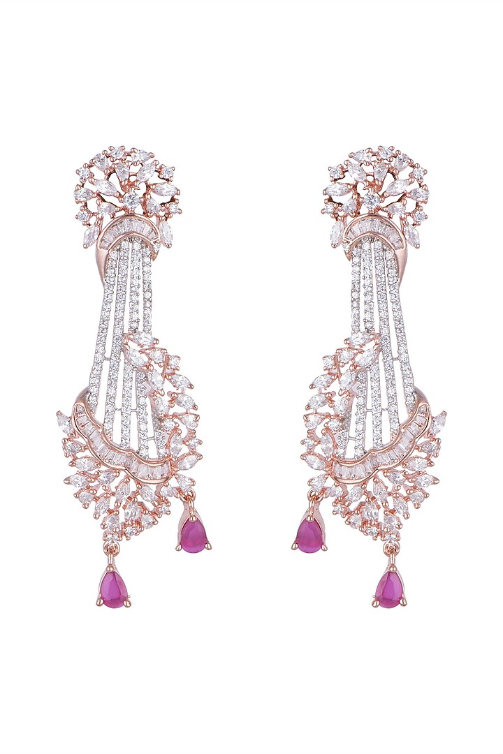 Rose Gold Finish Dark Pink Stone Dangler Earrings by Aster at Pernia's Pop Up Shop