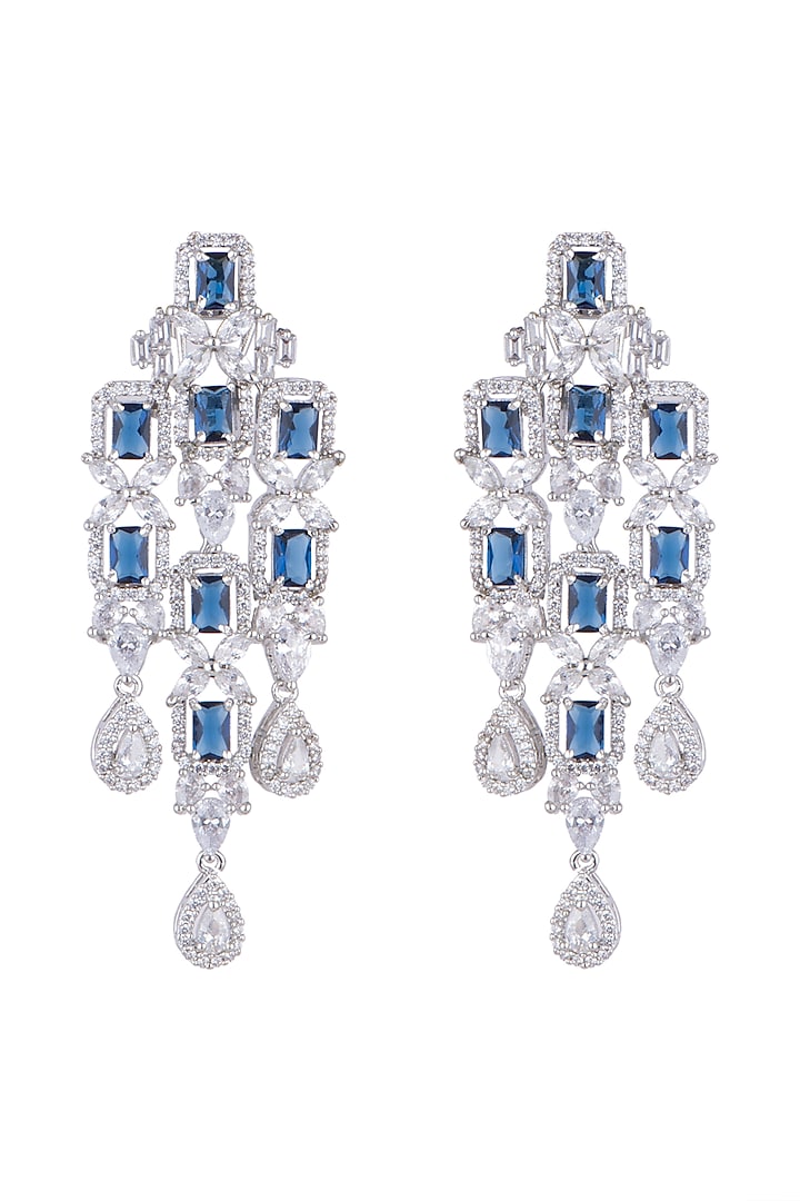 White Finish Faux Diamond Earrings With Blue Stones by Aster at Pernia's Pop Up Shop