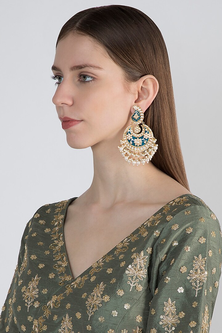 Gold Plated Blue Meenakari Earrings With Faux Diamonds by Aster at Pernia's Pop Up Shop