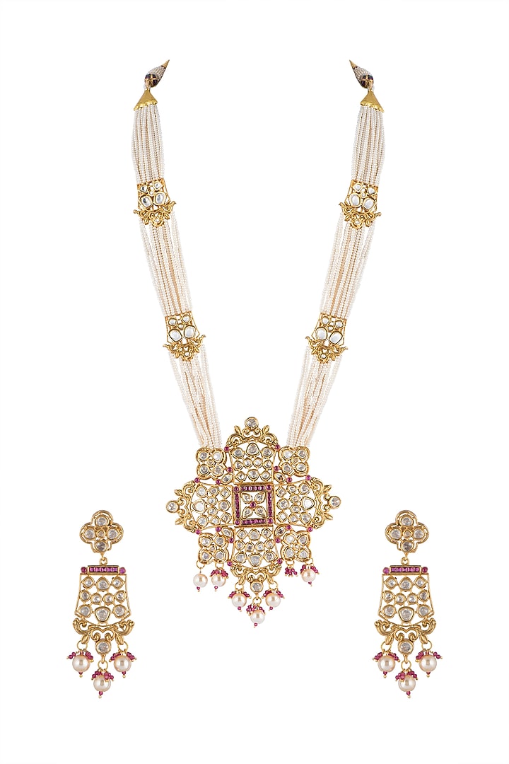 Gold Finish Pearl & Kundan Necklace Set by Aster at Pernia's Pop Up Shop