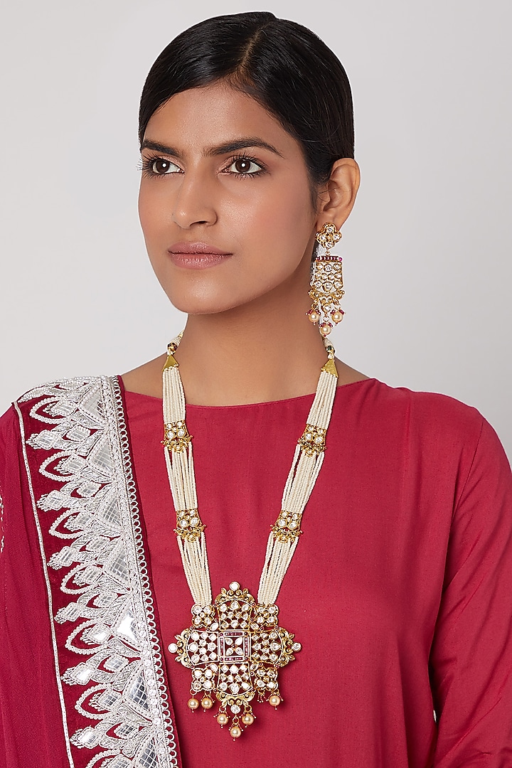Gold Finish Pearl & Kundan Necklace Set by Aster