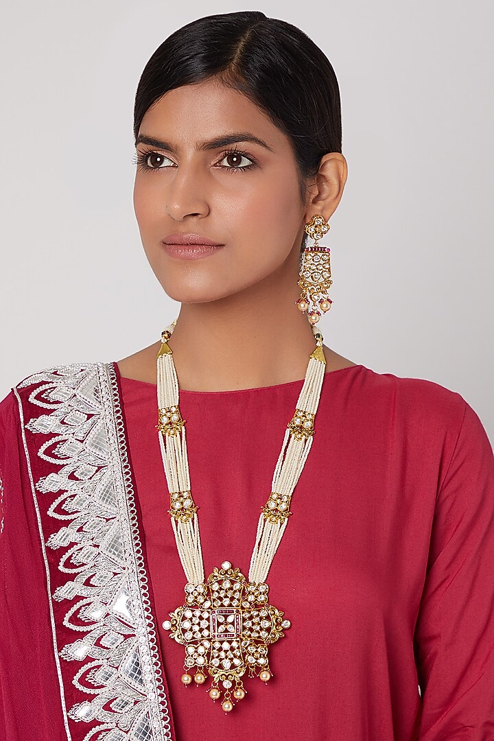 Gold Finish Pearl & Kundan Necklace Set by Aster at Pernia's Pop Up Shop