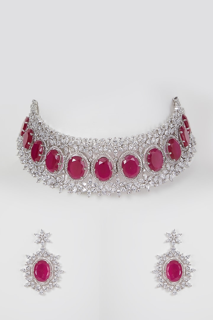 White Finish Diamond & Red Stone Necklace Set by Aster at Pernia's Pop Up Shop