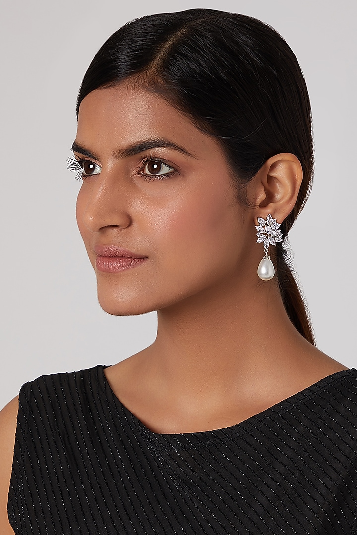 White Finish Pearl Drop Earrings by Aster at Pernia's Pop Up Shop