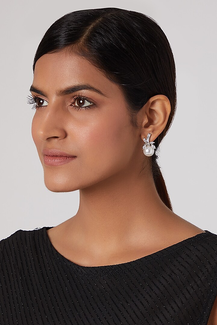 White Finish Earrings WIth Pearl Drop by Aster at Pernia's Pop Up Shop