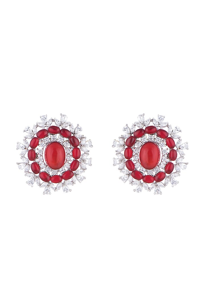 White Finish Stud Earrings With Red Stone by Aster at Pernia's Pop Up Shop