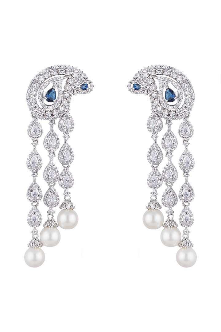 White Finish Blue Stone Earrings With Faux Pearls by Aster at Pernia's Pop Up Shop