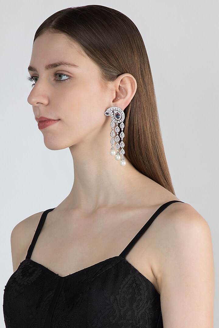 White Finish Blue Stone Earrings With Faux Pearls by Aster at Pernia's Pop Up Shop