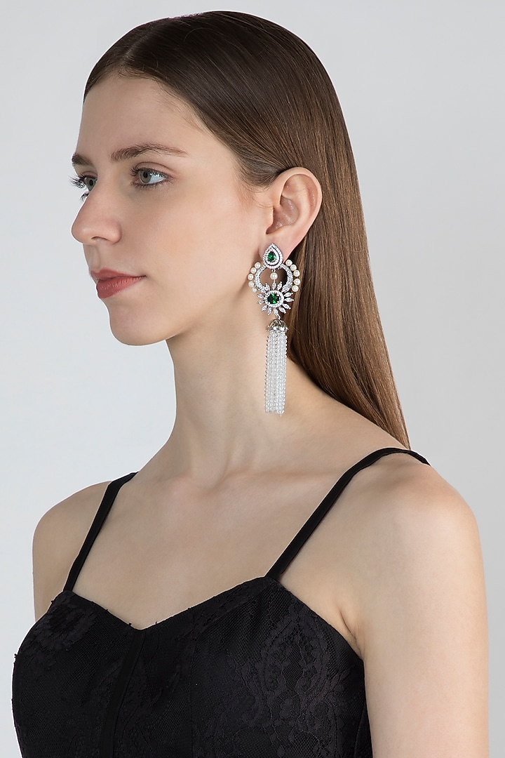 White Finish Earrings With Green Stone by Aster at Pernia's Pop Up Shop
