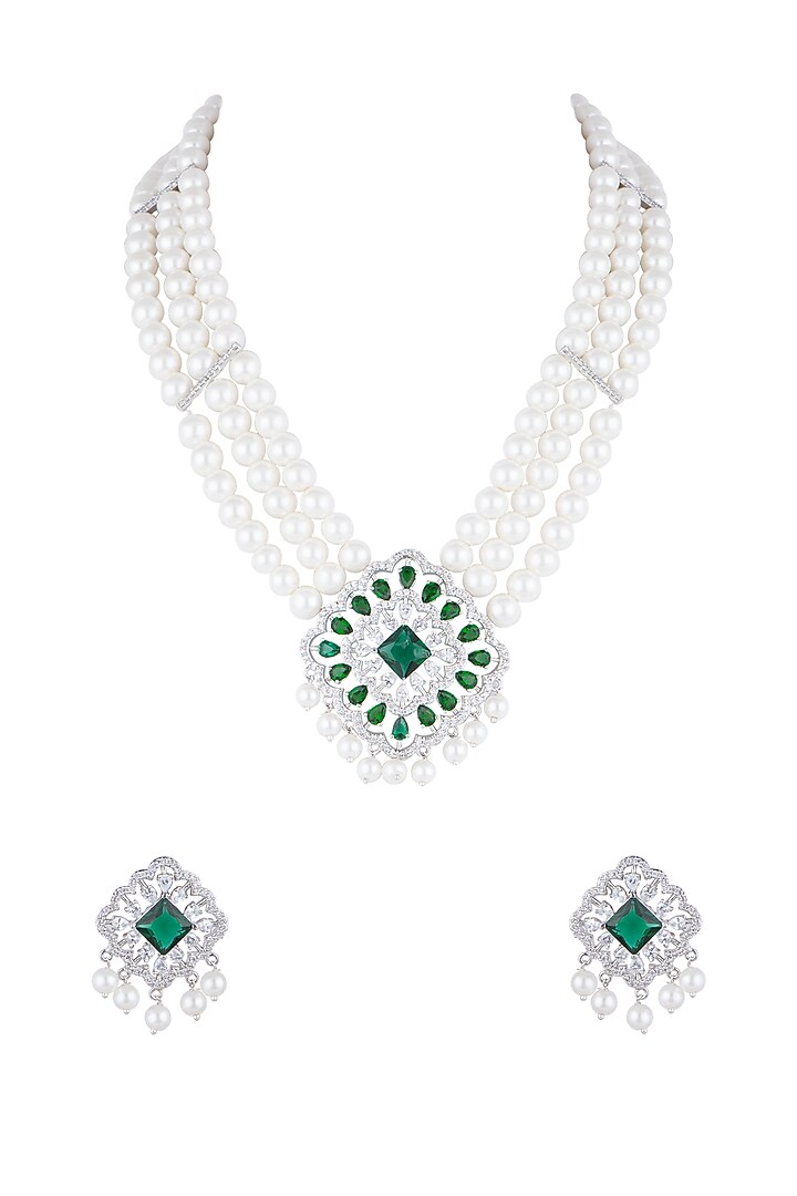 White Finish Green Stone Necklace Set by Aster at Pernia's Pop Up Shop