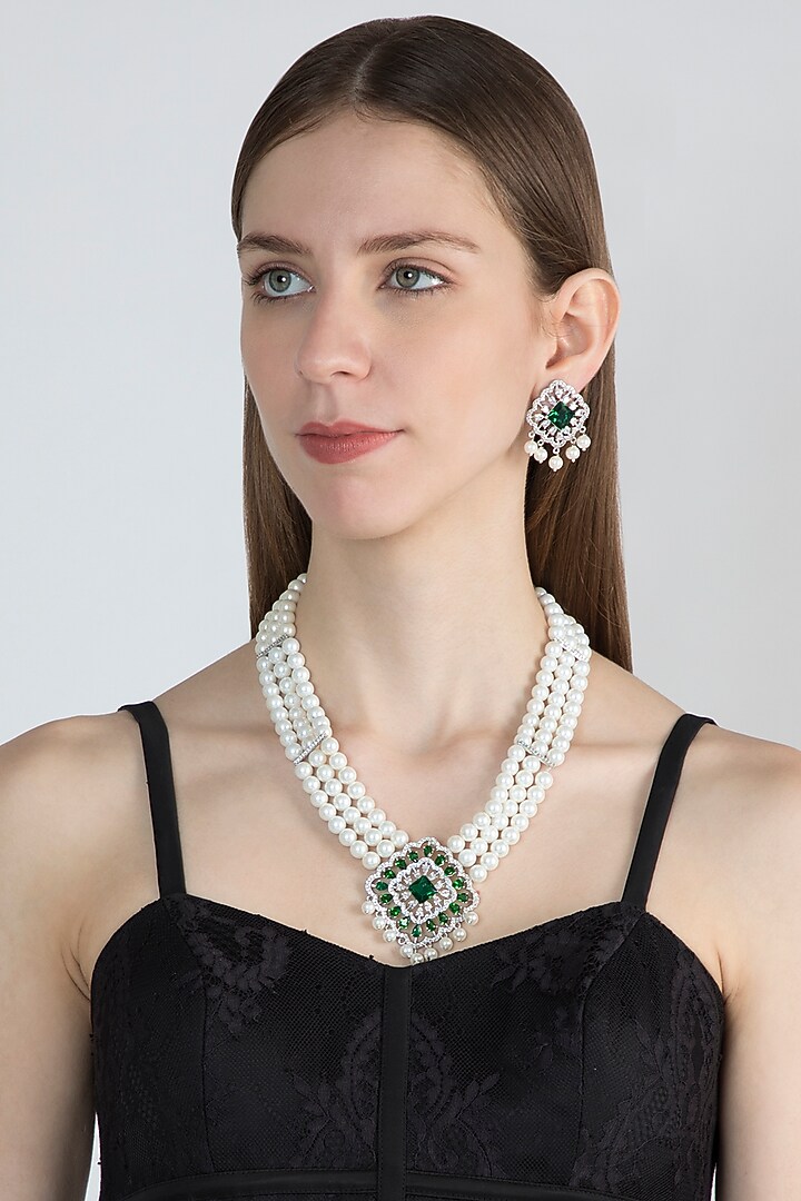 White Finish Green Stone Necklace Set by Aster at Pernia's Pop Up Shop