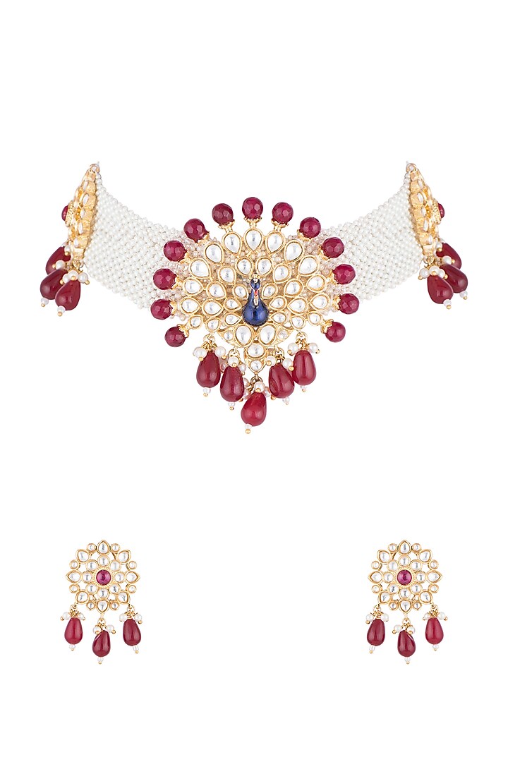 Gold Plated Enamelled Peacock Necklace Set by Aster at Pernia's Pop Up Shop